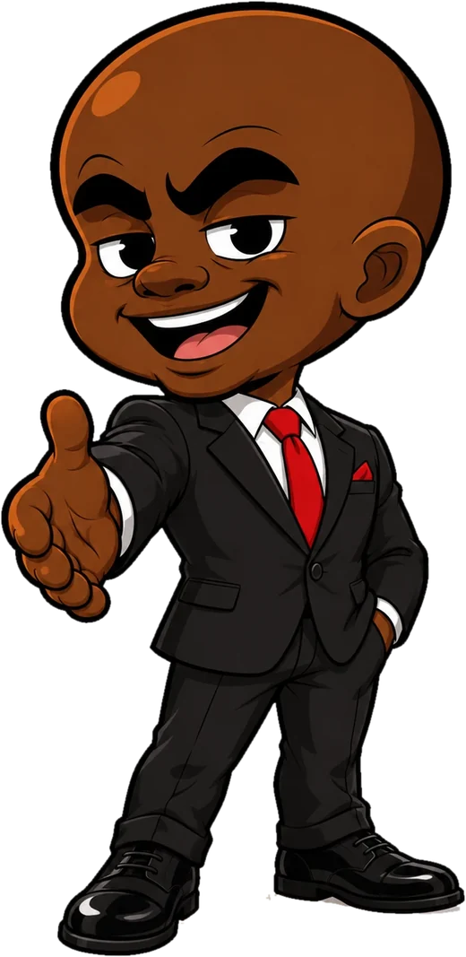 Cartoon of Kingsley in a black suit and red tie, holding out a hand to shake